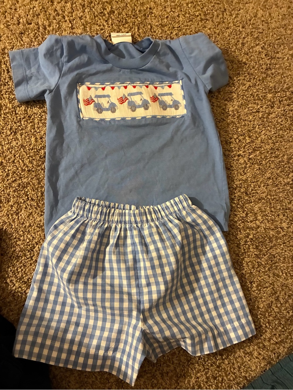 Stitchy Fish Light Blue Gingham Smocked Kids Top and Skirt Set